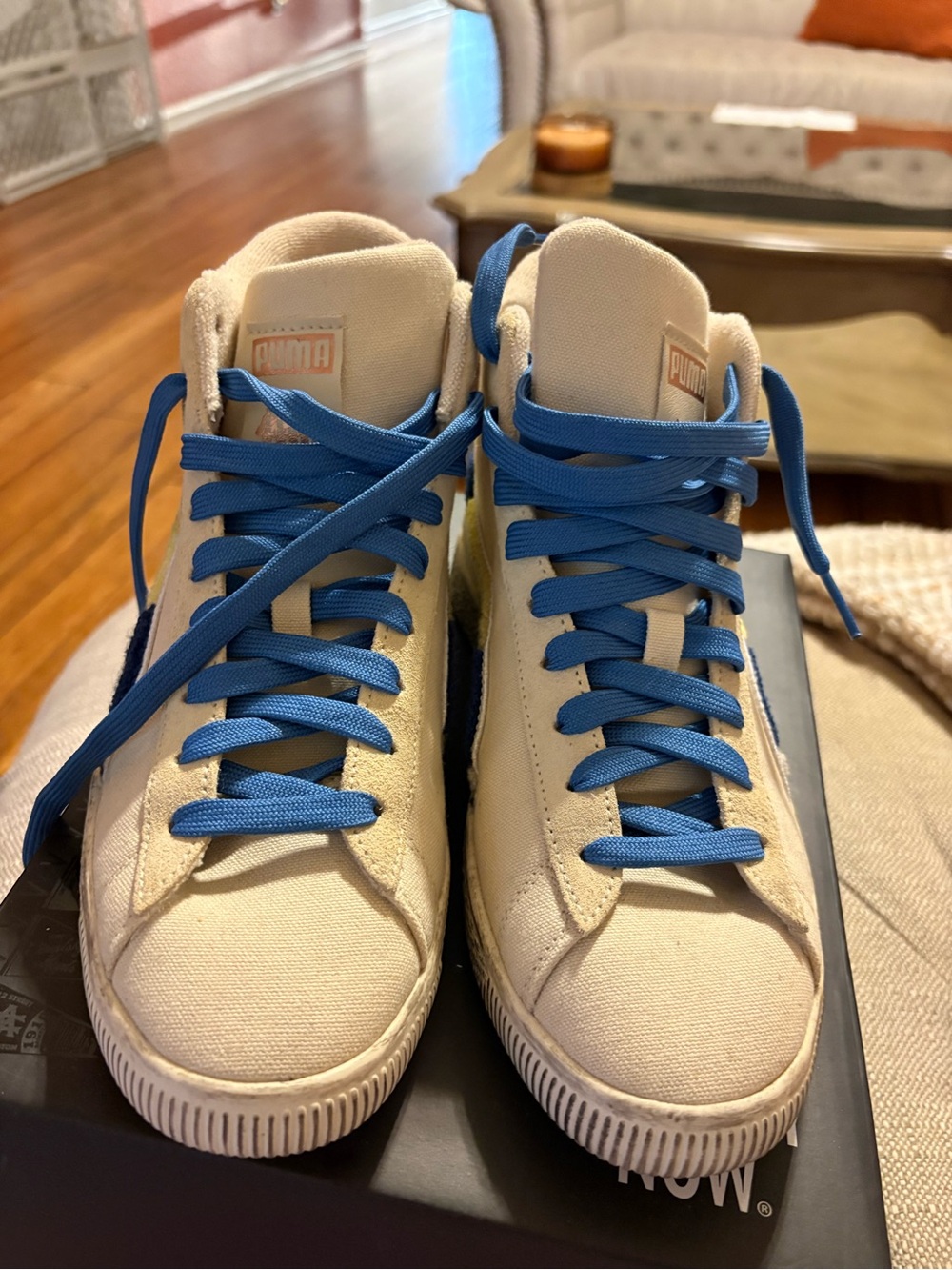 Puma Cream High-Top Sneakers with Blue Laces